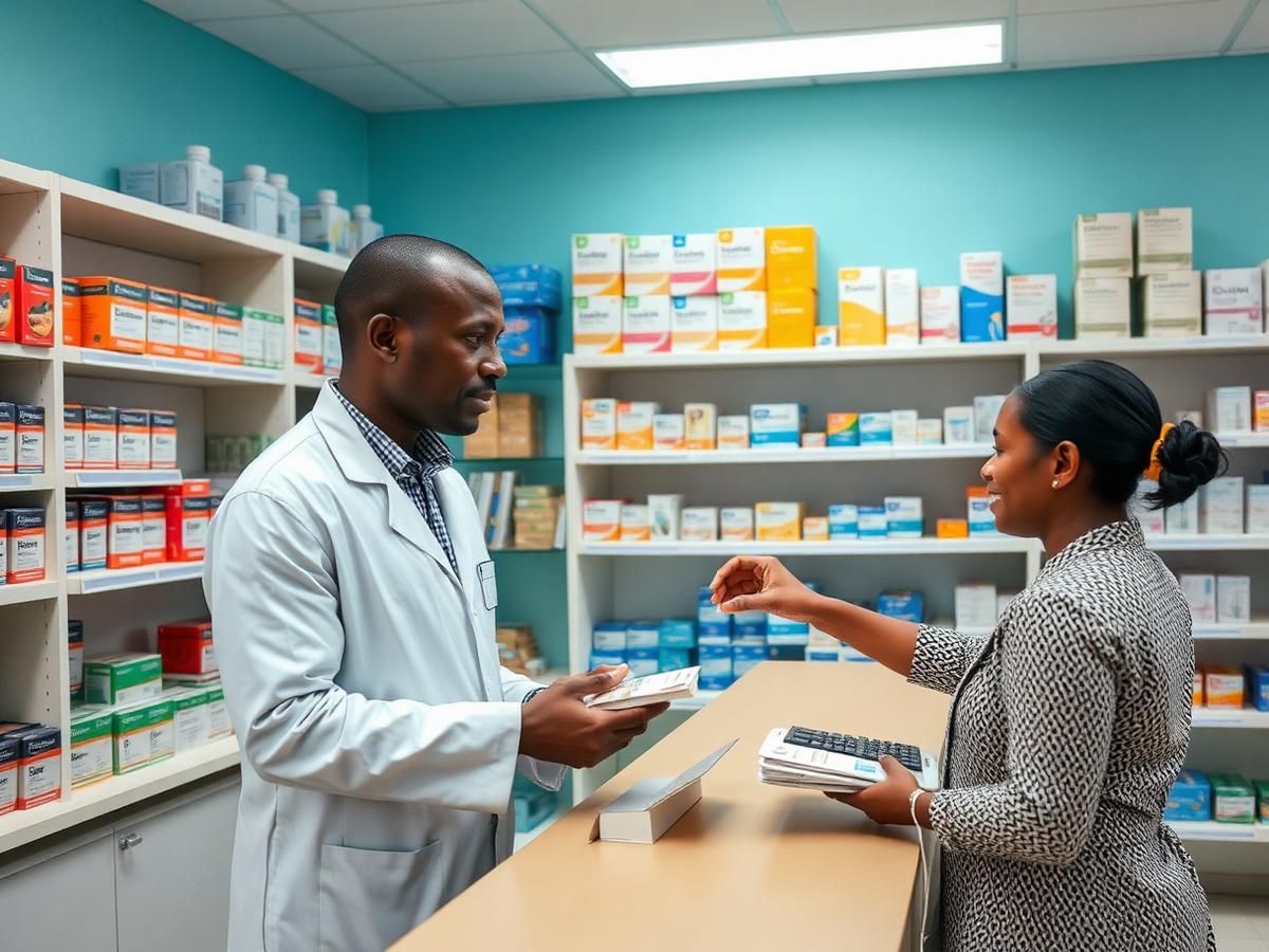 Pharmacist serving a customer at the pharmacy counter