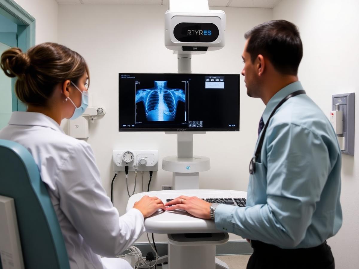 Radiographer reviewing a chest X-ray image